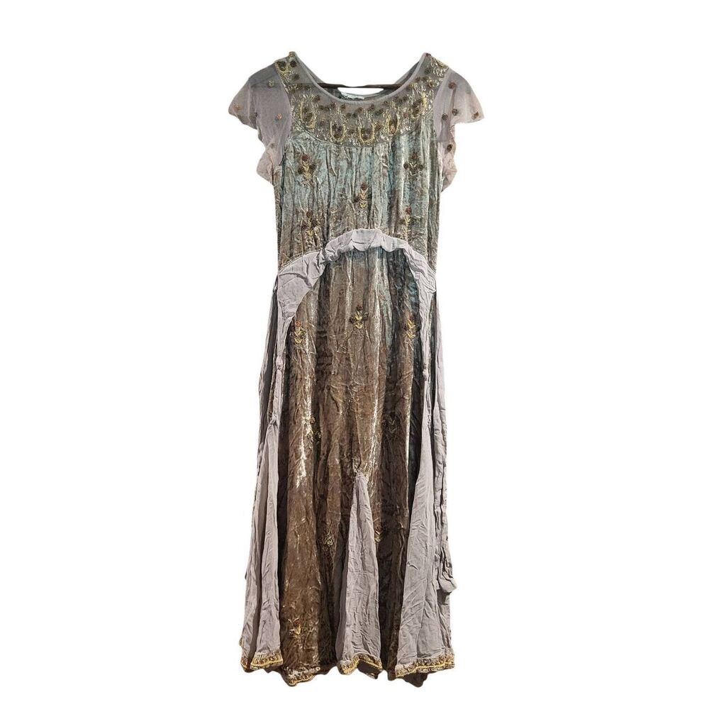 Nataya Dress Women's Medium Champagne Velvet Midi Deco Art Fairy Whimsical Retro